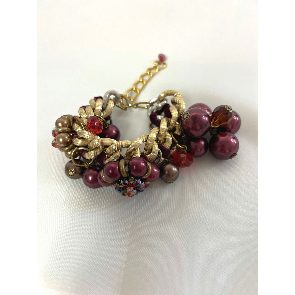Dangling Burgundy Baubles Rhinestoned Center on Gold And Silver Toned Metal Link - Picture 4 of 4